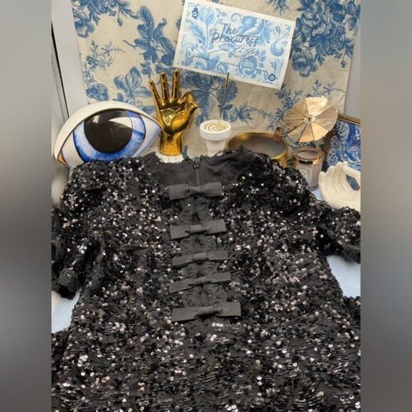 🆕 REBECCA VALLANCE 🧿 NWOT x Nicky Hilton Diana Black Bow Sequin Mini, Sz US 8 - Picture 12 of 16